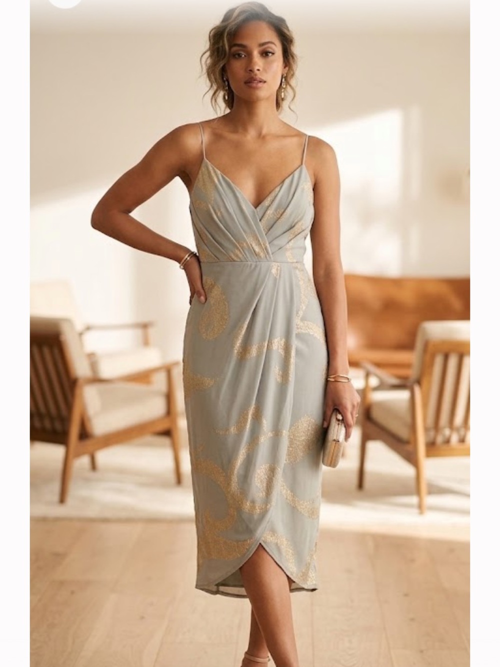 Free People Gold Accent Light Gray Midi Wrap Dress with Spaghetti Straps